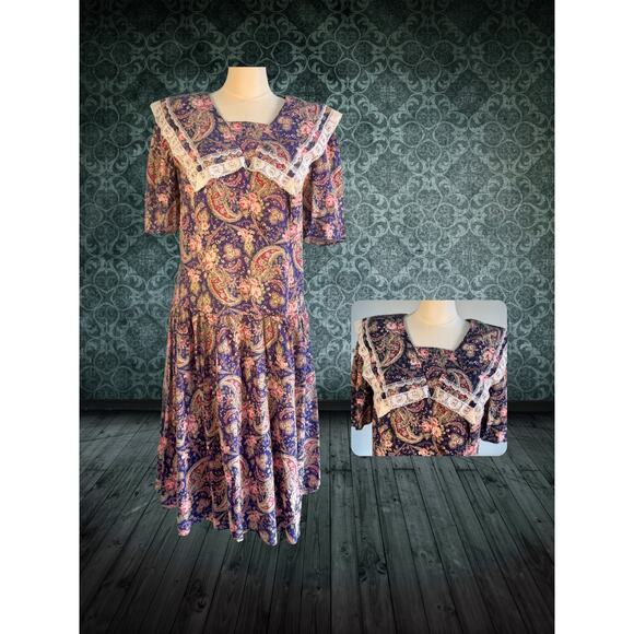 American Vintage Dresses & Skirts - Volup Vintage 80s Lady Dorby Purple Paisley Lace Collar Drop Waist Dress 20W